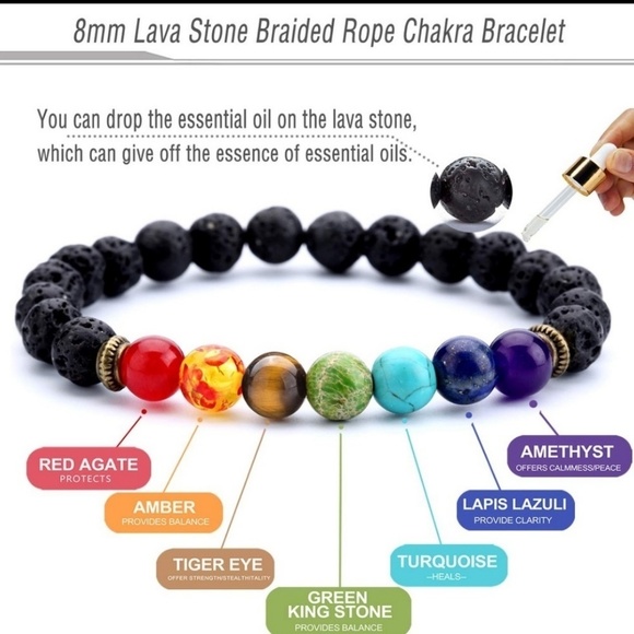 New 7 Chakra Black Agate Lava Rock Healing Bracelet - Picture 3 of 6